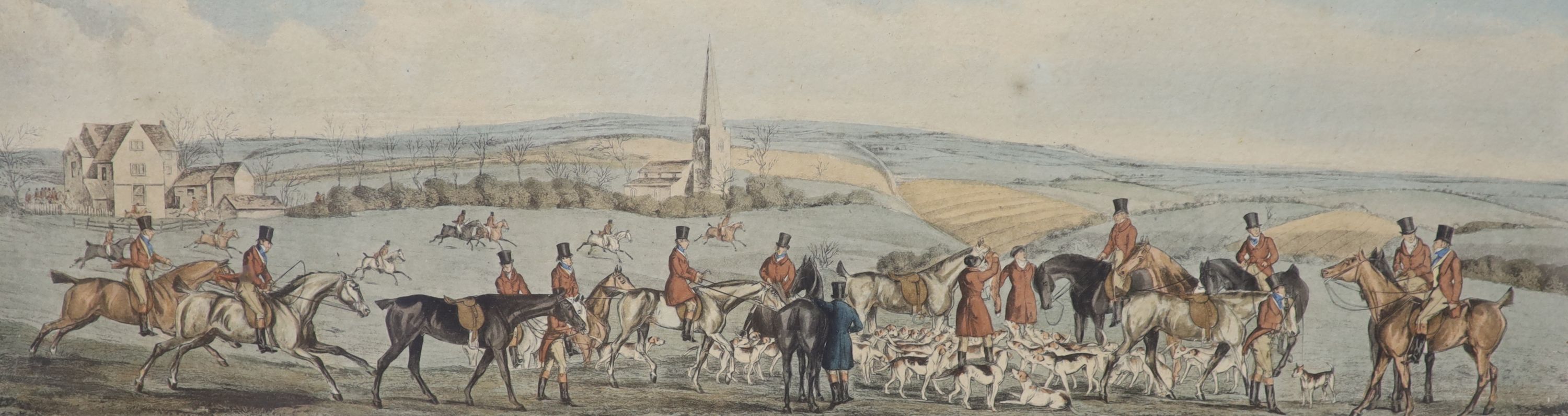 Sutherland after Alken, a set of four coloured engravings, The Leicestershire Covers, hunting scenes, 19 x 53cm, eglomise framed